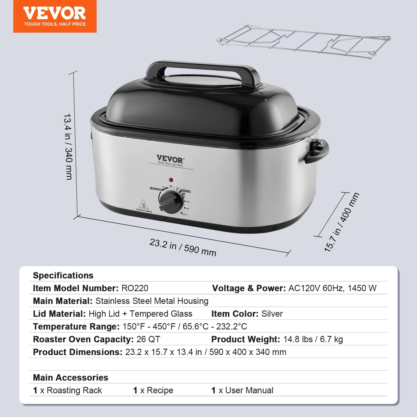 SucceBuy Electric Roaster Oven 24 QT Turkey Roaster Oven with Self-Basting Lid 1450W Roaster Oven Defrost&Warm Function Silver