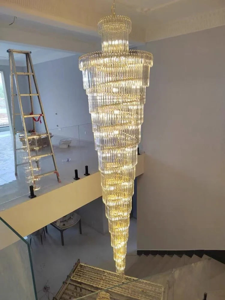 Long Crystal Staircase Gold Chandelier Modern Loft Crystal Lamp Luxury Villa Hotel Hall Living Room Large Chandelier Home Decor