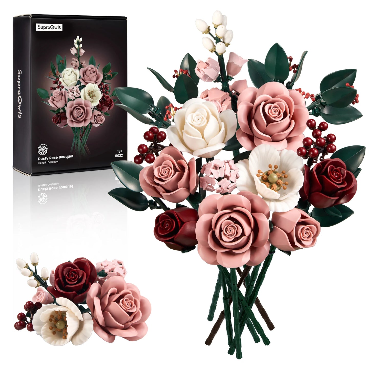 Pink Roses Flowers Bouquet Building Blocks Botanical Collection Toys Modern Home Decor Valentines Day Gifts for Adult Girlfriend