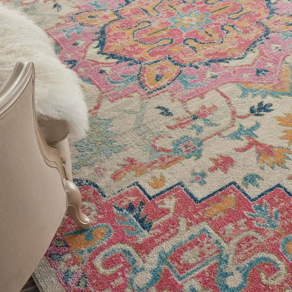 Bohemian Style Ivory and Pink Area Rug, 8' x 10', Easy Maintenance, Non-Shedding, Suitable for Bedroom, Living Room, Dining Room