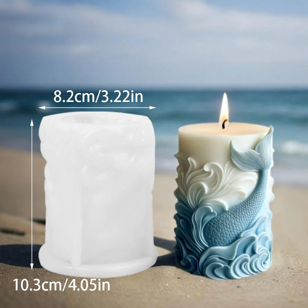 Ocean Theme Silicone Candle Mold Dolphin Column Resin Mold Fishtail Pillar Plaster Making Tool Relief Wave Design DIY Home Decor