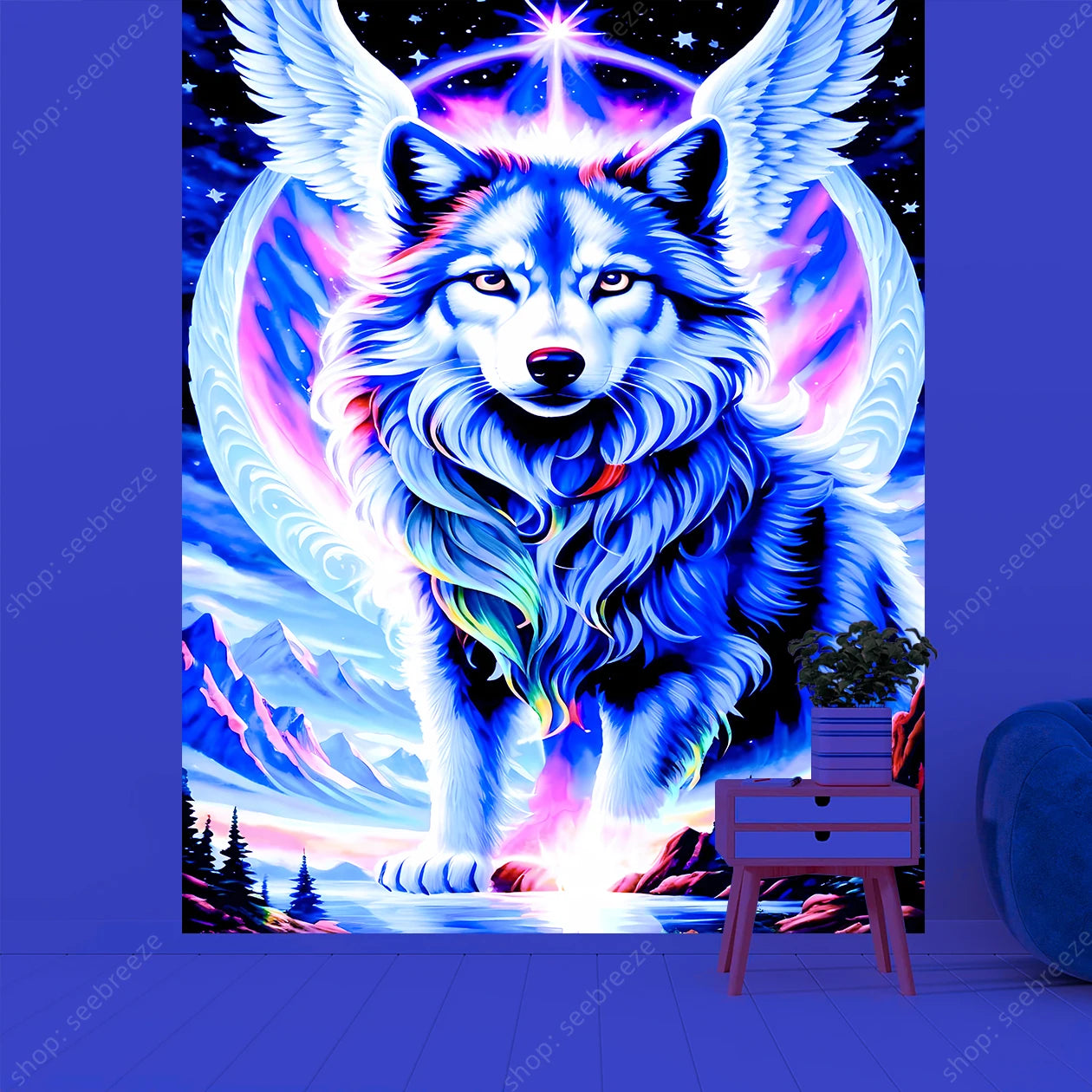 Wolf UV Reactive Tapestry Minimalist Abstract Art Hippie Tapitz Witchcraft Mysterious Tapestries Bedroom Living Room Home Decor