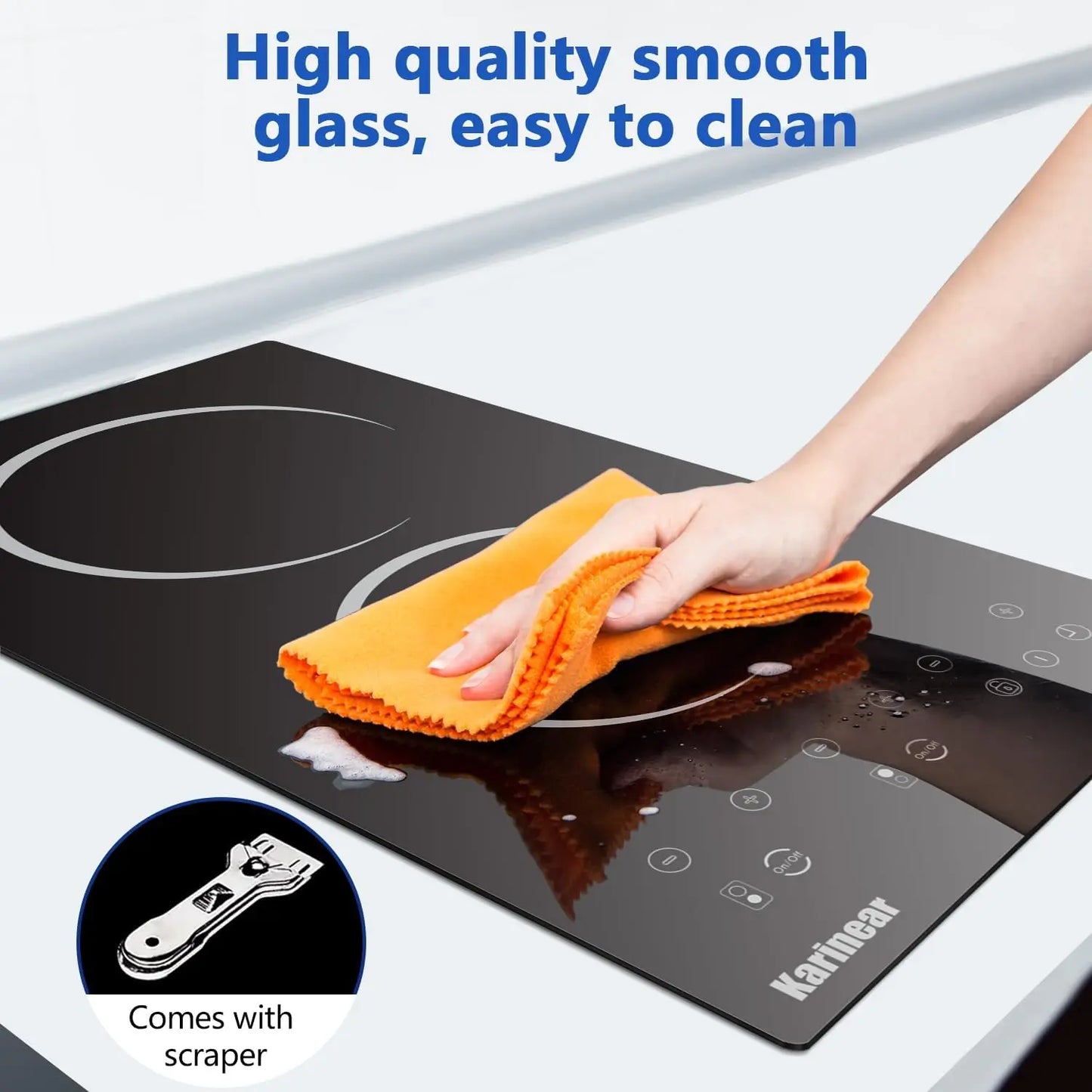 Karinear 110V Electric Cooktop 2 Burner - 12 Inch Plug in, Countertop & Built-in Ceramic Cooktop, 2000W, Residual Heat Indicator
