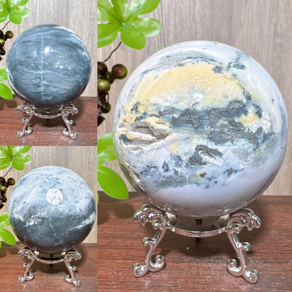 1PCS Natural Colourful Ocean Jasper Sphere WIth Druzy And Crack Raw Geode Healing Crystals Reiki Energy Home Decor +Stand