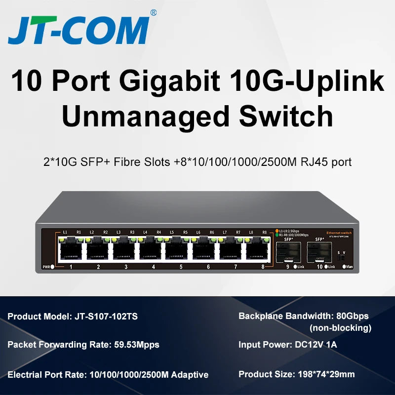 2.5Gb Network Switch 8 Port 2.5G RJ45 with 2 Port 10G SFP+ Ethernet Switch Fanless Plug Play Desktop Wall Mounted Network Switch