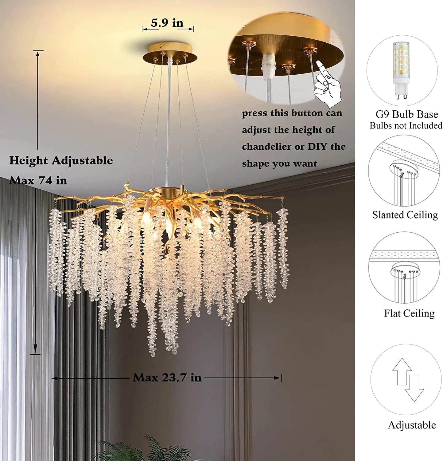 Modern Led Crystal Chandelier Branches For Dining Room Art Pendant Lamp Villa Hall Hanging Home Decor Lighting Fixture