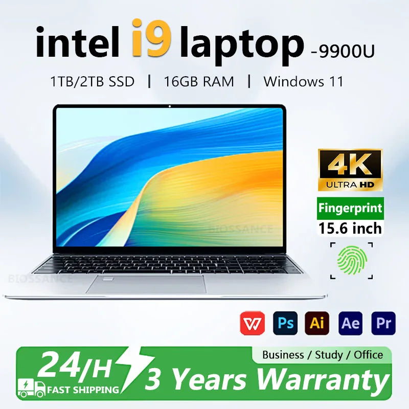 15.6" Notebook Laptop Windows 11 Intel Core i9 9900 16GB RAM 1TB 2TB SSD Fingerprint Unlock 4K Study Office Computer PC Backlit laptop