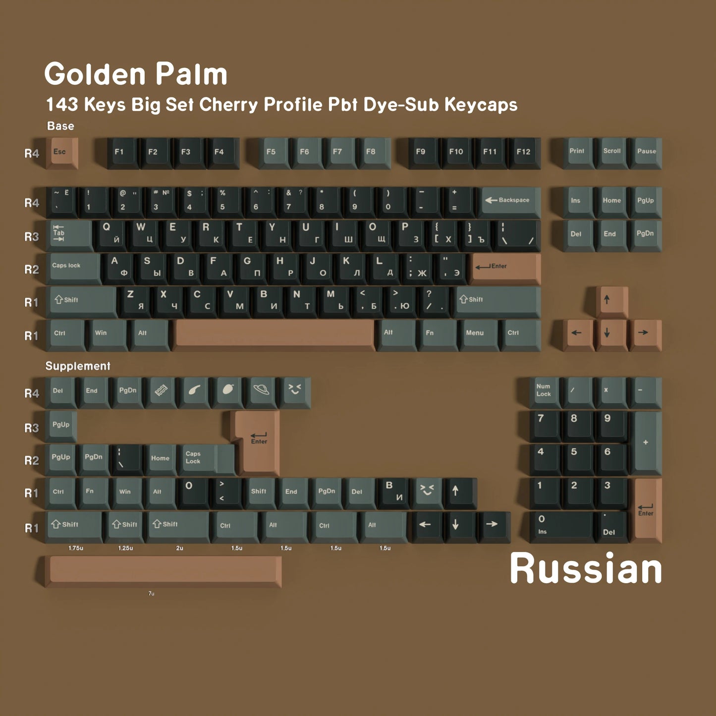 Golden Palm Dye Sub Mechanical Keyboard Keycaps Set 143 Keys German Korean Spanish Arabic French Russian ABNT-2 Big Collection