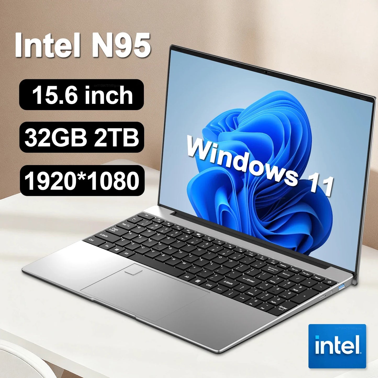 Trendy 15.6 Inch Intel N95 Portable Laptop Windows 11 Notebook 32GB DDR4 2TB SSD Backlit Fingerprint Gaming Office PC