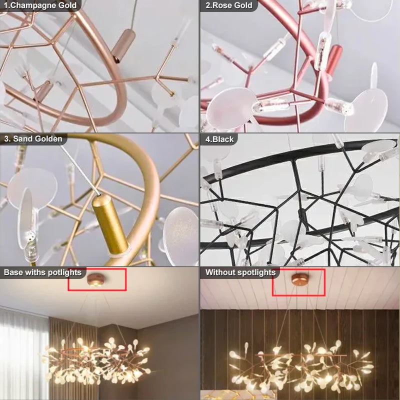 Nordic Rose Gold Black Branch Firefly Indoor Chandelier,Hanging Living Dining Room Restaurant Kitchen Pendant Lamp Home Decor