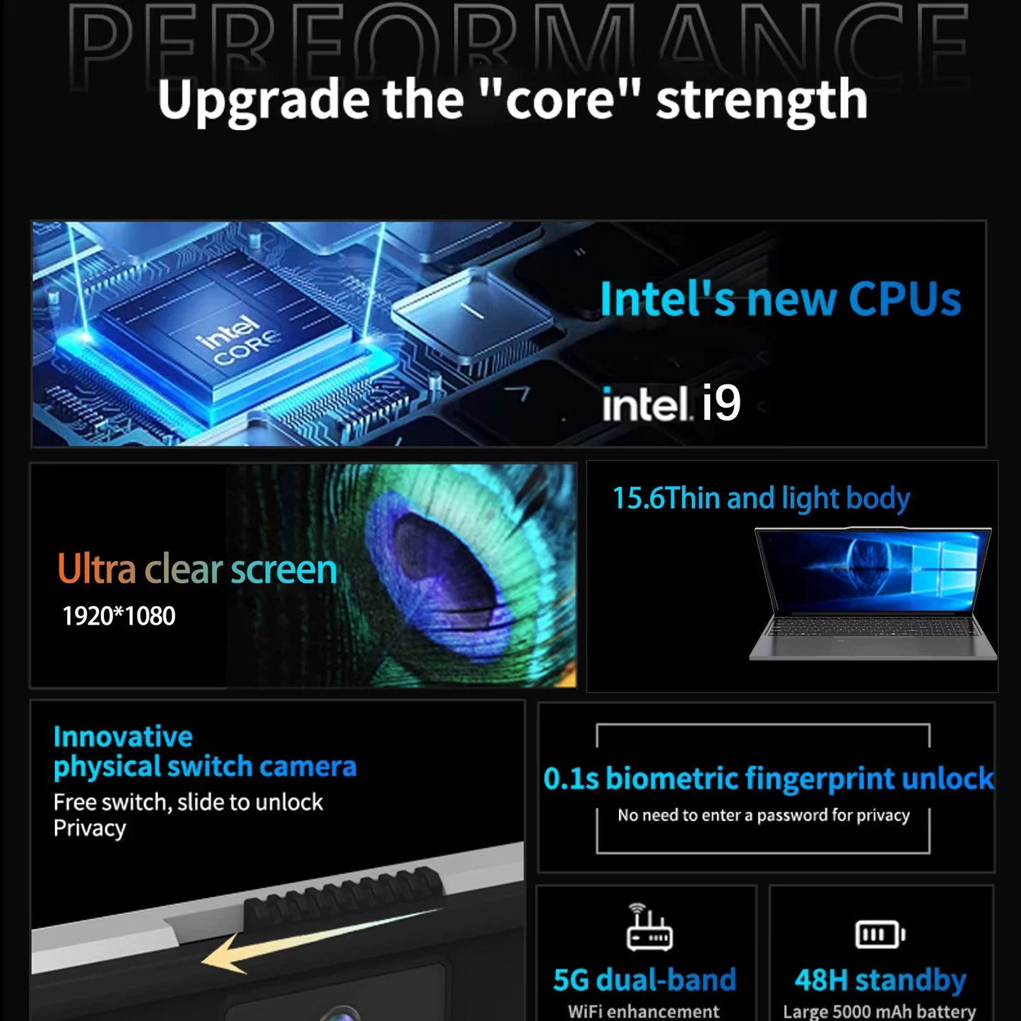 Windows 11 Pro 15.6" Ultra Slim Laptop intel Core i9-9900U 16GB RAM 1/2TB SSD Fingerprint Unlock Office game Backlight Laptop