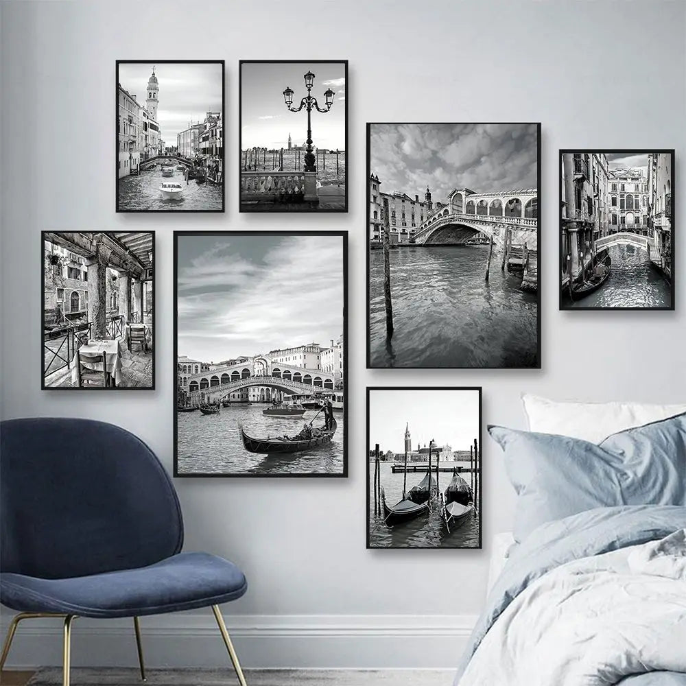 Black White Fashion Landscape Poster Venice City Travel Photography Canvas Painting Prints Wall Pictures Living Room Home Decor