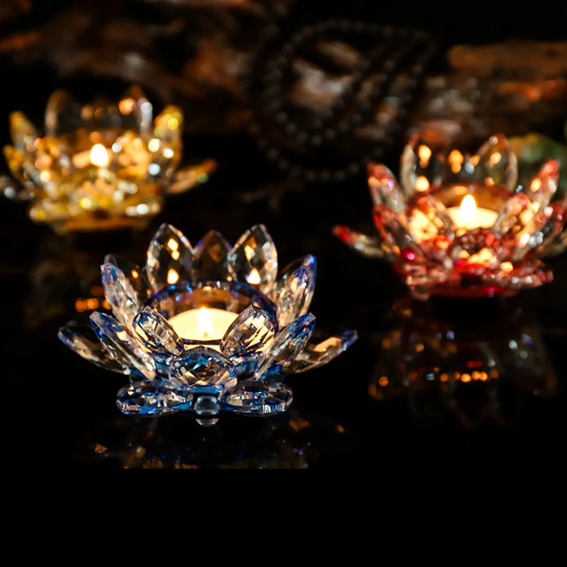 Handcrafts Crystal Lotus Flower Candlesticks Glass Tealight Candle Holders Ornament Buddhist supplies Home Decor
