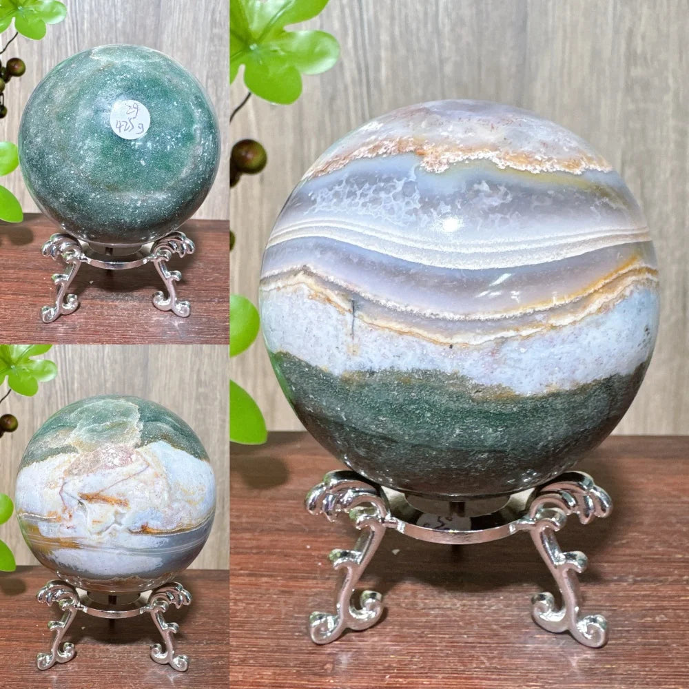 1PCS Natural Colourful Ocean Jasper Sphere WIth Druzy And Crack Raw Geode Healing Crystals Reiki Energy Home Decor +Stand