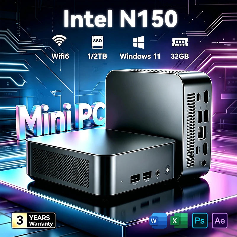 2026 Mini PC Intel N150 Portable Computer Gaming PC 16GB 32GB RAM 1TB 2TB SSD Windows 11 Pro Office Study Wifi 6 BT5.2 Gamer PC