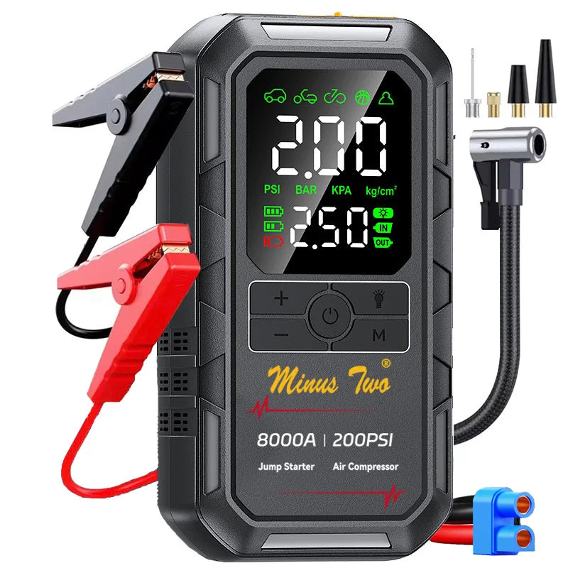 Minus Two Car Jump Starter Air Compressor with Power Bank Portable Electric Pump Battery Booster 12V Jump Box with Flashlight