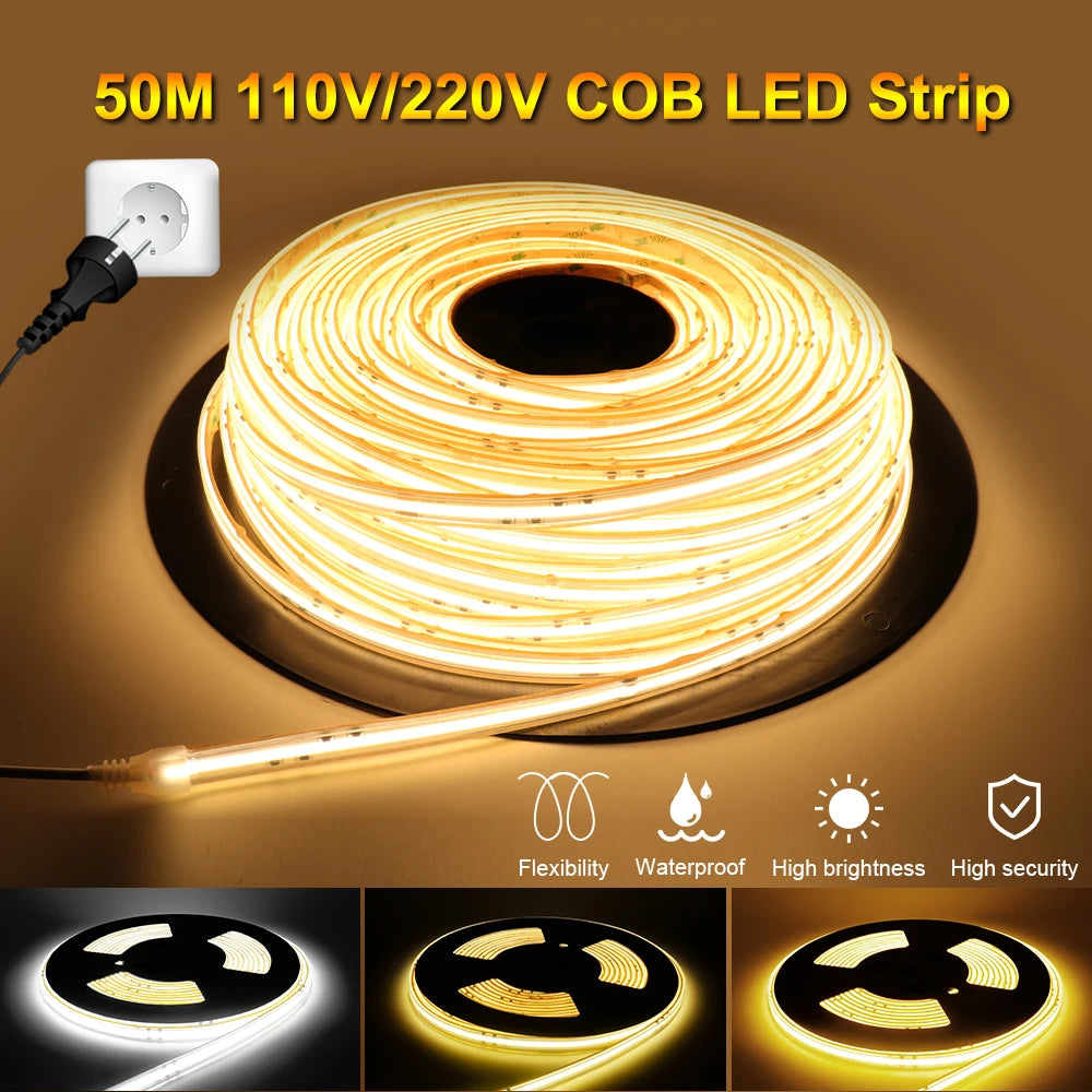 IP67 COB LED Strip AC 110V 120V 130V 220V 230V 240V Super Bright FOB COB LED Tape Ribbon Lights 10m 20m 30m 50m for Home Decor