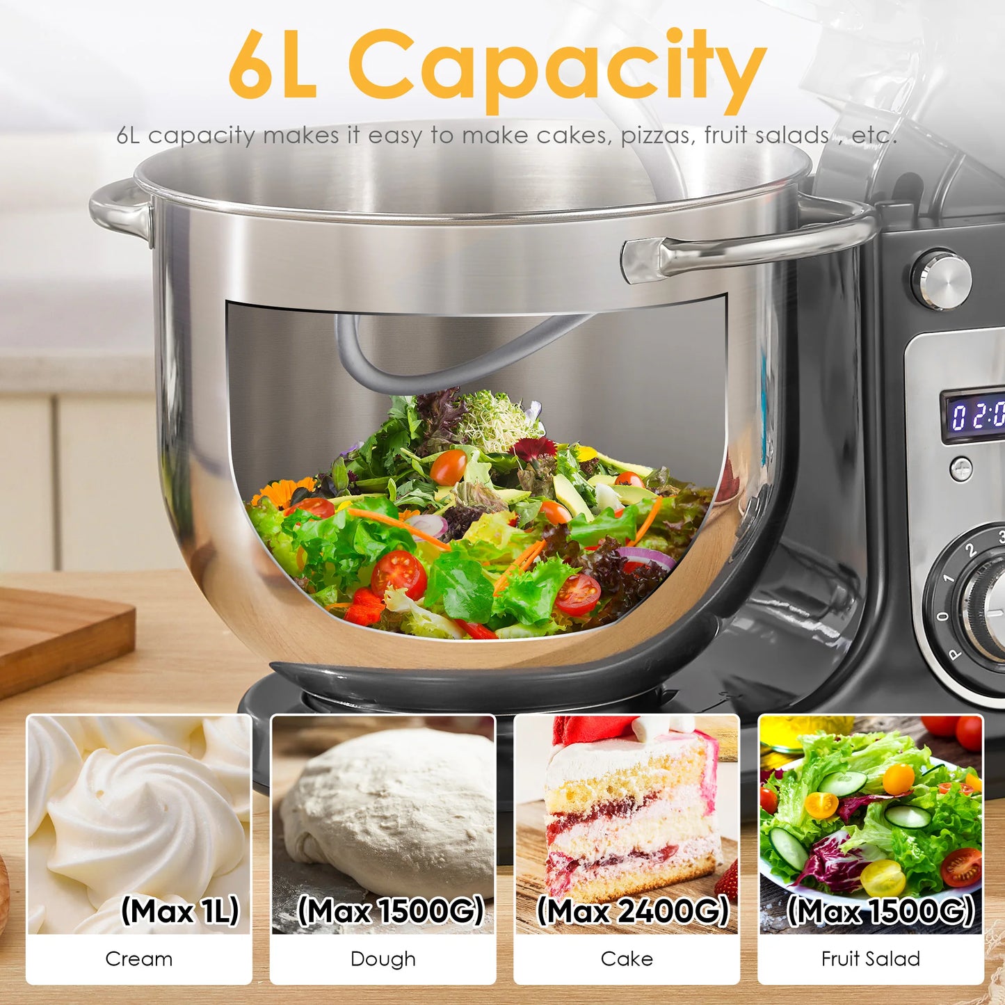 BioloMix Kitchen Food Stand Mixer, Blender, Quiet Motor, Cream Egg Whisk, Whip Dough Kneader, 6-Speed, 1200 W, 6 L, DC