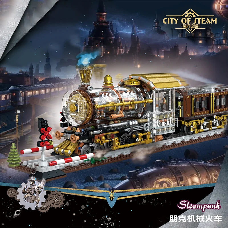 City Technical Punk Mechanical Steam Train Building Block,MOC Assembly Train Home Decor Bricks Toys,For Children Kids Boys Gifts