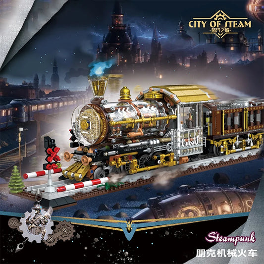 City Technical Punk Mechanical Steam Train Building Block,MOC Assembly Train Home Decor Bricks Toys,For Children Kids Boys Gifts