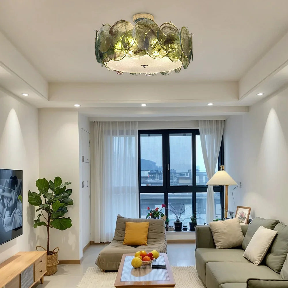 Murano Glass Flush Mount Ceiling Light Modern Round Chrome Brass Finish Lamp for Living Room Dining Room Bedroom Home Decor