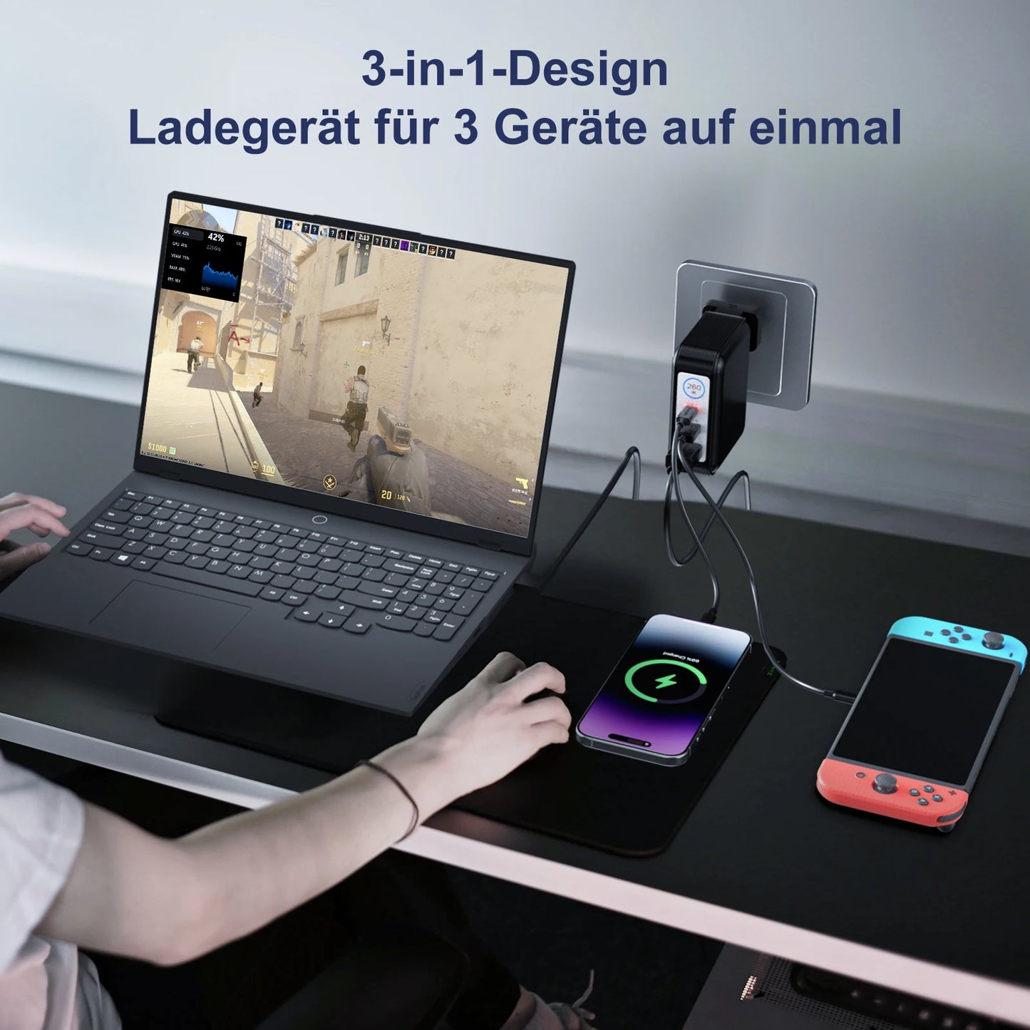 260W GaN Charger for Razer Blade 14, Portable Gaming Laptop Adapter (20V/13A), PD 3.0 Foldable Fast Charger Power Supply