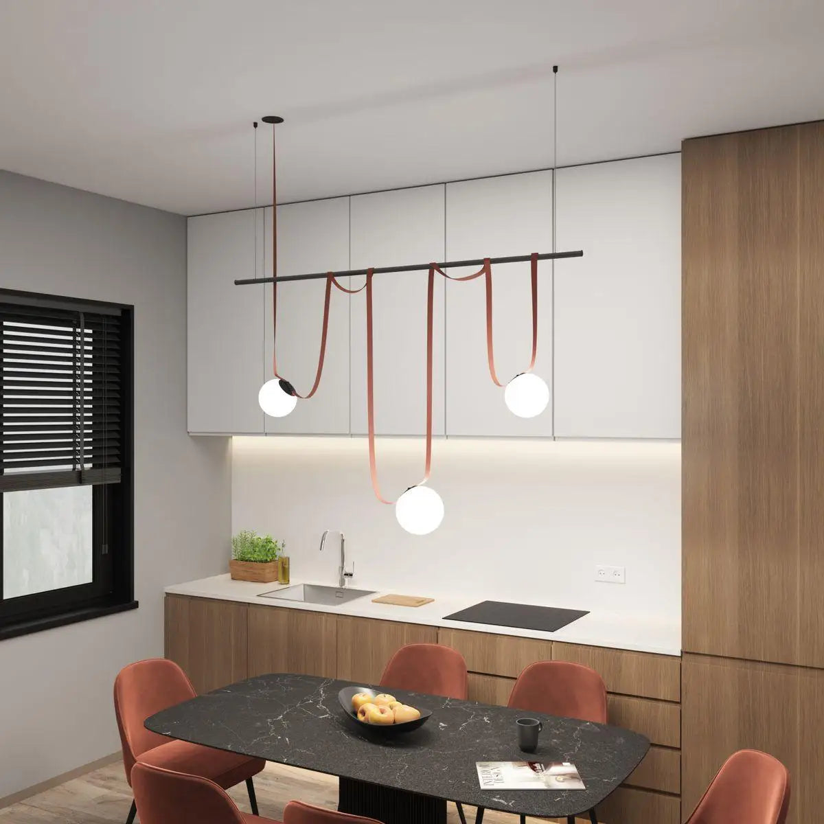 Modern Trendy Black Red Long Belt LED Chandelier Home Decor Lumunaire Indoor Lighting Lamp For Dinning Room Bar Bedroom