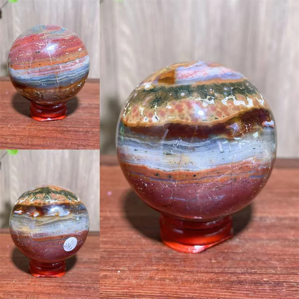 1PCS Natural Colourful Ocean Jasper Sphere WIth Druzy And Crack Raw Geode Healing Crystals Reiki Energy Home Decor +Stand