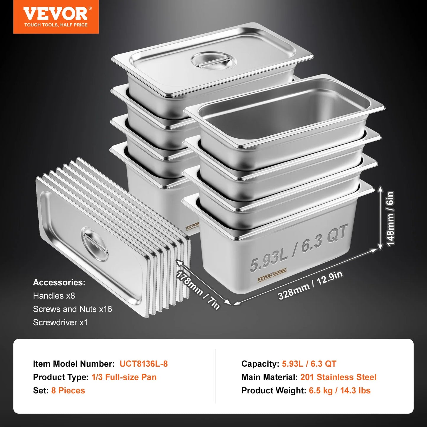 SucceBuy 8 Pack Buffet Chafing Dishes 5.93L Gastronorm Pans Steam Table Pans Tray  with Lid 6-Inch Deep Catering Food Pan