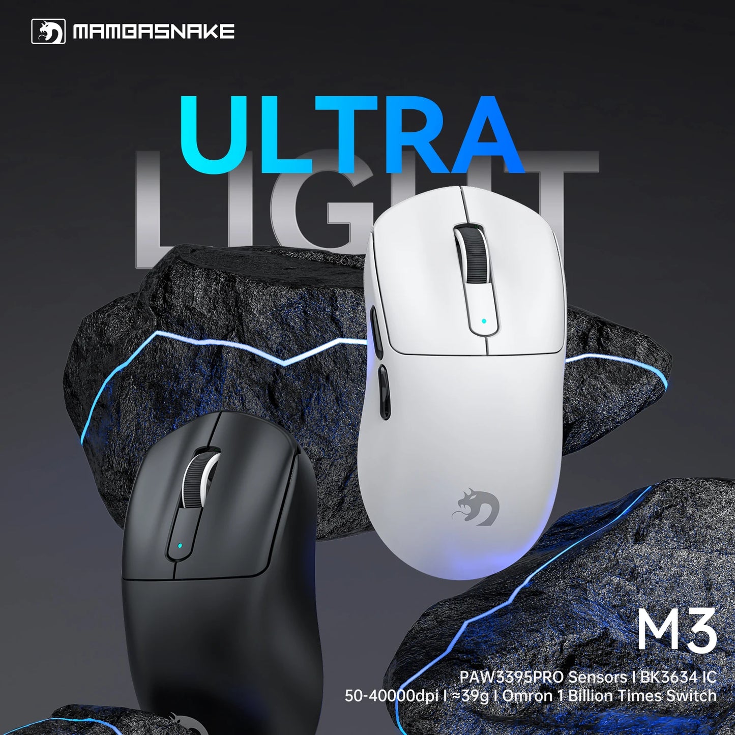 ATTACK SHARK * MAMBASNAKE M3 39g SUPERLIGHT Mouse, PixArt PAW3395PRO Gaming Sensor, 6 Adjustable DPI up to 40000,200 Hrs Battery