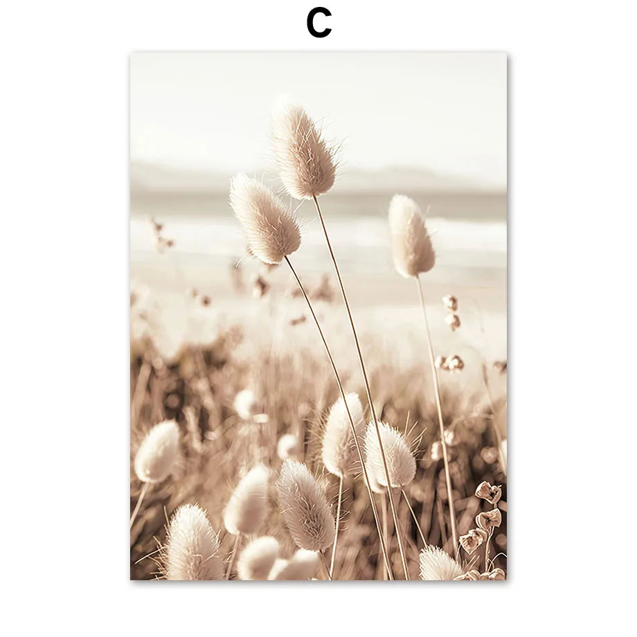 Neutral Beige Wall Art Mural Canvas Prints Boho Nature Landscape Highland Cow Coastal Pampas Grass Plant Posters Room Home Decor