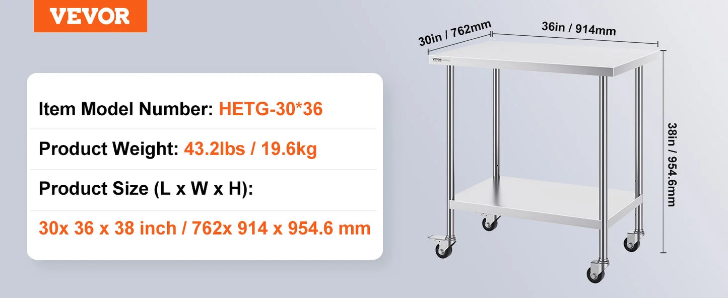 VEVOR Stainless Steel Work Prep Table with 4 Wheels 3 Adjustable Height Levels Heavy Duty Food Prep Worktable for Hotel Home