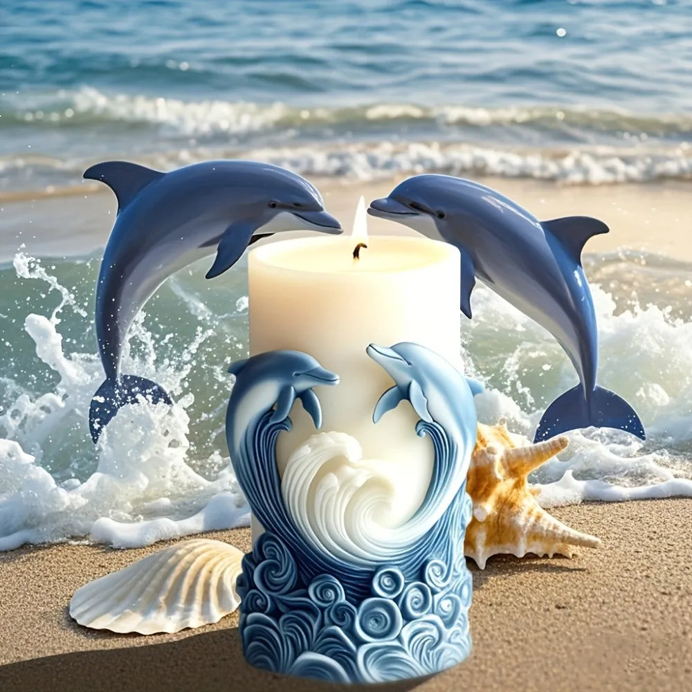 Ocean Theme Silicone Candle Mold Dolphin Column Resin Mold Fishtail Pillar Plaster Making Tool Relief Wave Design DIY Home Decor