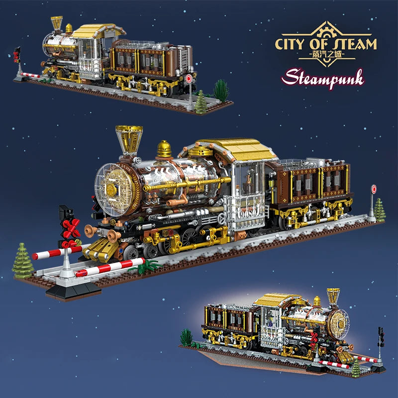 City Technical Punk Mechanical Steam Train Building Block,MOC Assembly Train Home Decor Bricks Toys,For Children Kids Boys Gifts
