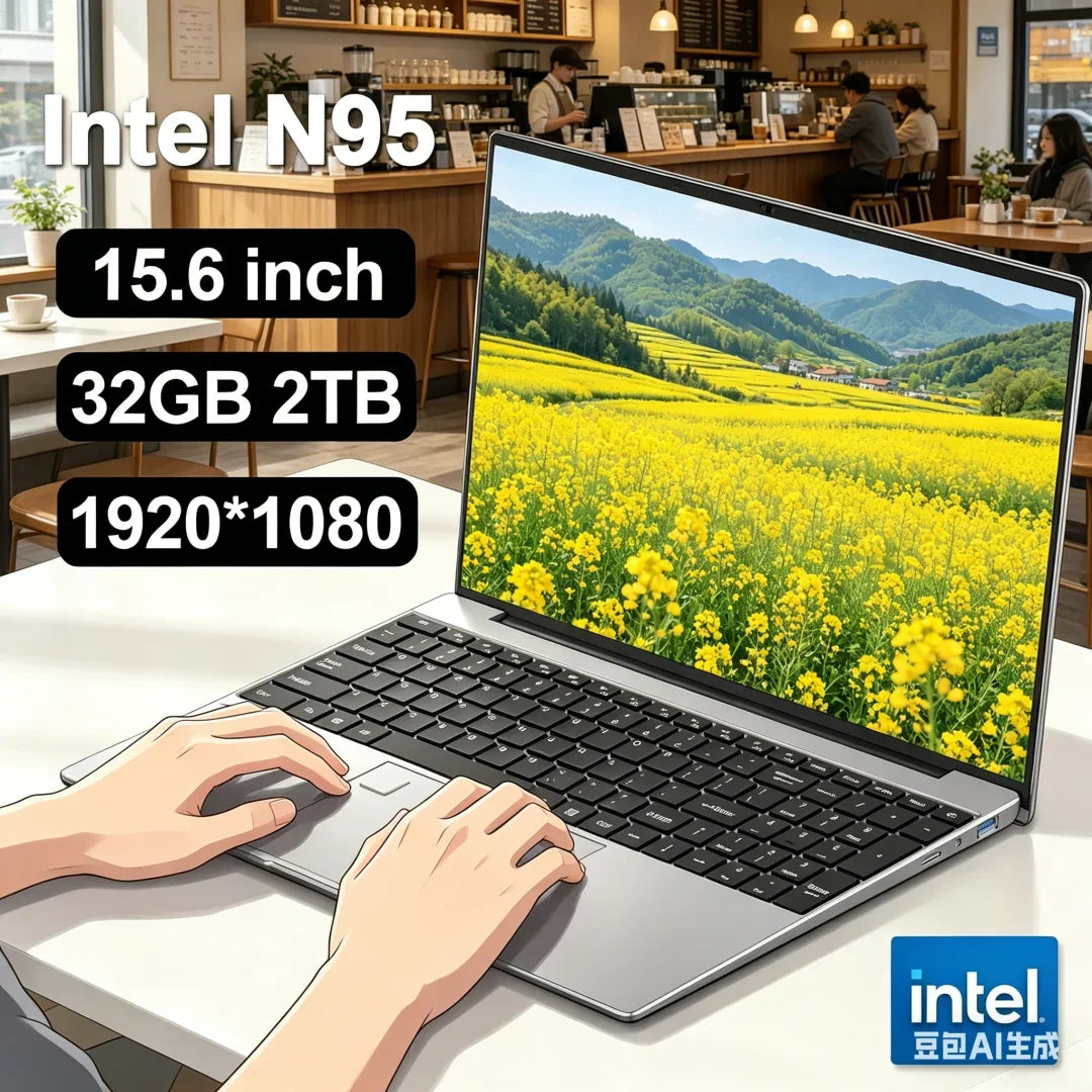 Trendy 15.6 Inch Intel N95 Portable Laptop Windows 11 Notebook 32GB DDR4 2TB SSD Backlit Fingerprint Gaming Office PC