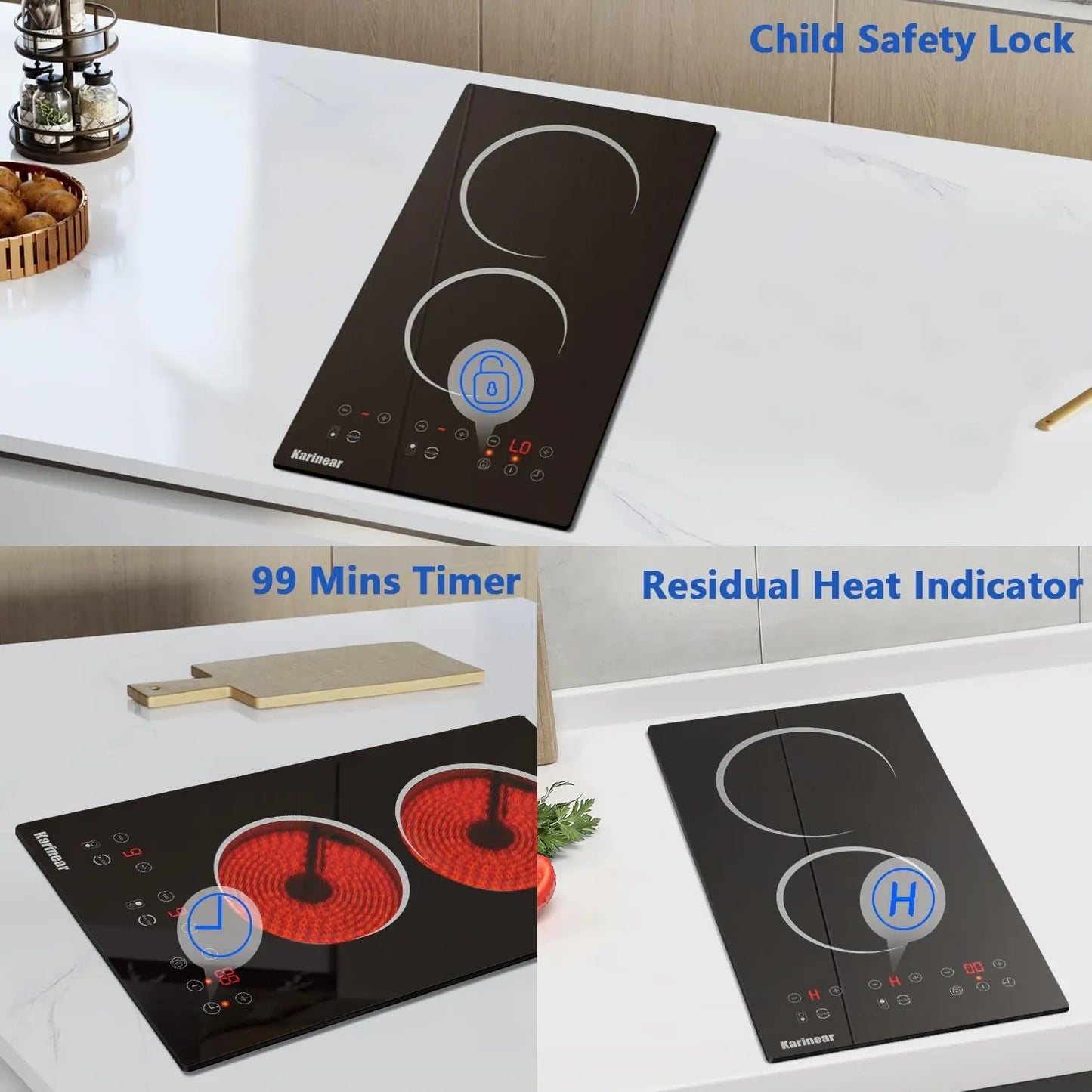 Karinear 110V Electric Cooktop 2 Burner - 12 Inch Plug in, Countertop & Built-in Ceramic Cooktop, 2000W, Residual Heat Indicator