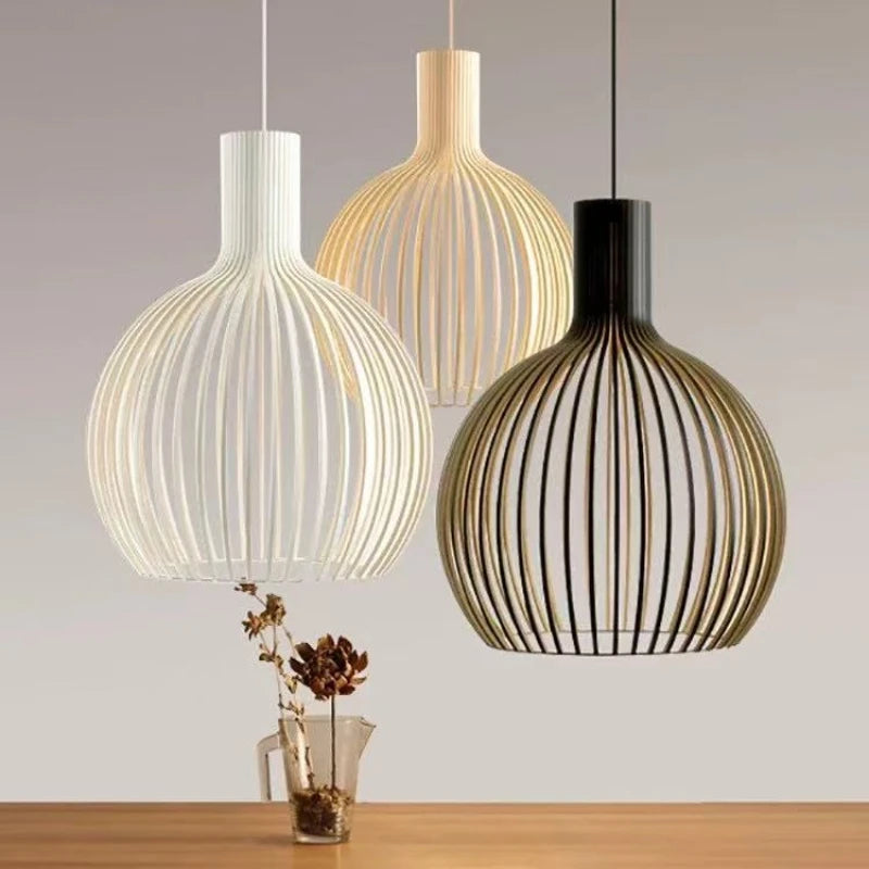 Restaurant Birdcage Handmade Wabi-sabi LED Pendant Light Black White Blue Walnut Color Chandelier Home Decor Lamps Hollow Design