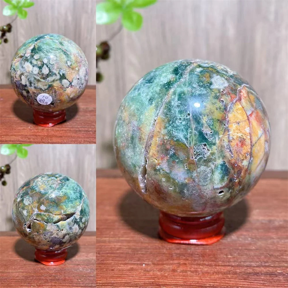 1PCS Natural Colourful Ocean Jasper Sphere WIth Druzy And Crack Raw Geode Healing Crystals Reiki Energy Home Decor +Stand