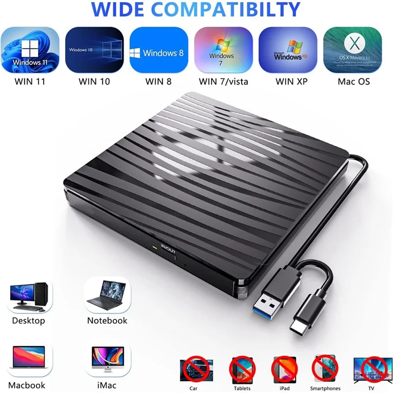 -A96Z External CD/DVD Drive For Laptop, USB 3.0 & Type-C Portable CD DVD +/-RW Burner Optical Drive Reader Writer DVD Player Dur