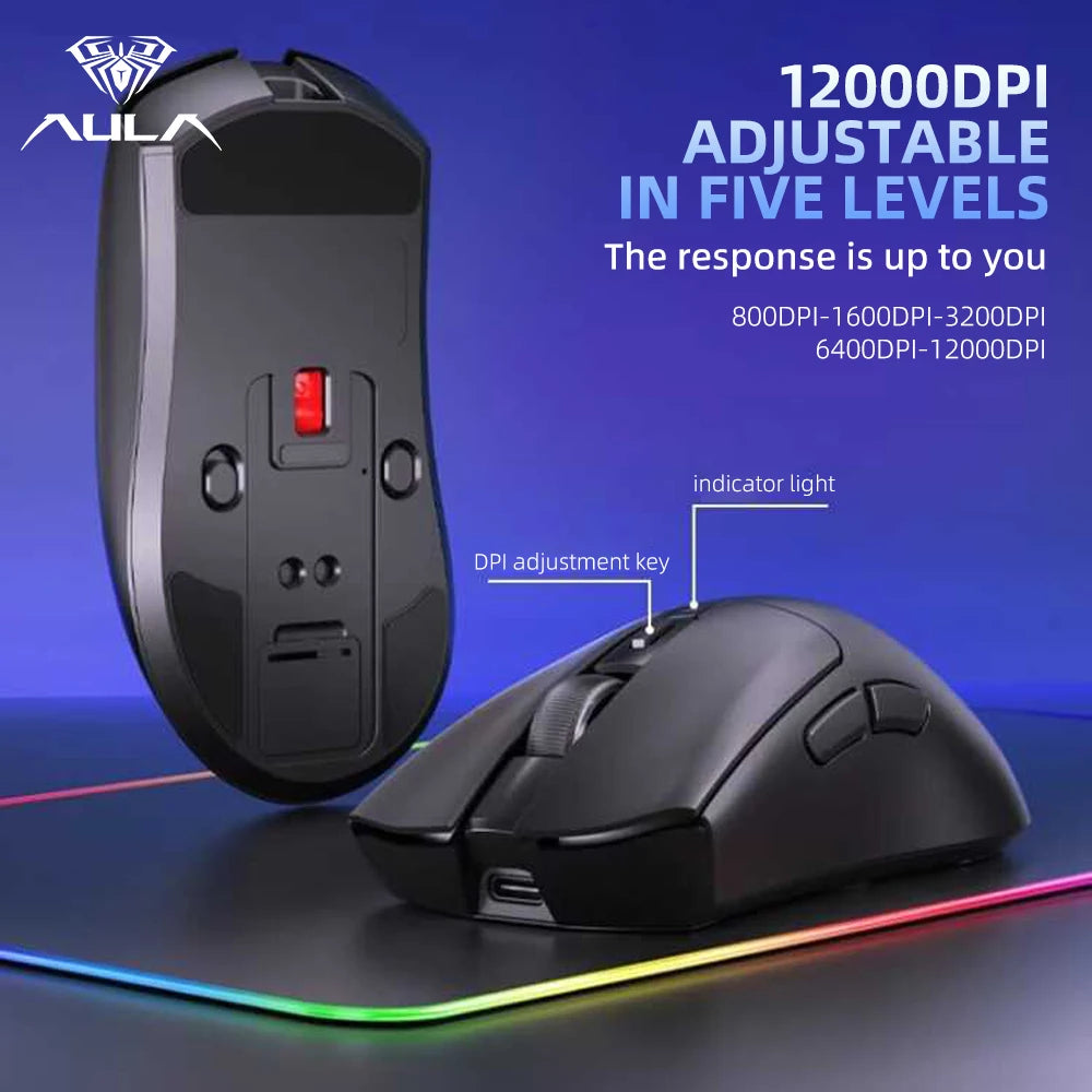 AULA SC380 Pro Gaming Mouse With Adjustable 12000 DPI PAW3311 Sensor Tri-Modes Wireless 59g Lightweight Mouse With Charging Base