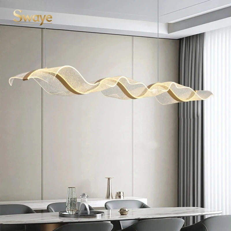 Nordic Creative Stylish LED Chandelier Long Wave Pendant Light Restaurant Bar Lamp Dining Room Ceiling Hanging Lights Home Decor