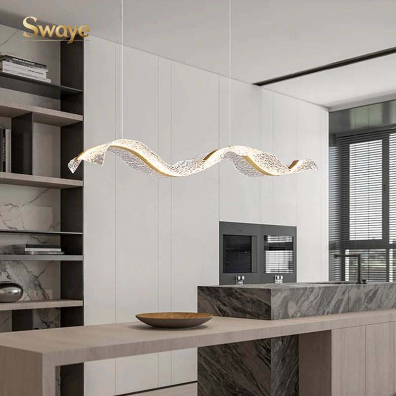 Nordic Creative Stylish LED Chandelier Long Wave Pendant Light Restaurant Bar Lamp Dining Room Ceiling Hanging Lights Home Decor