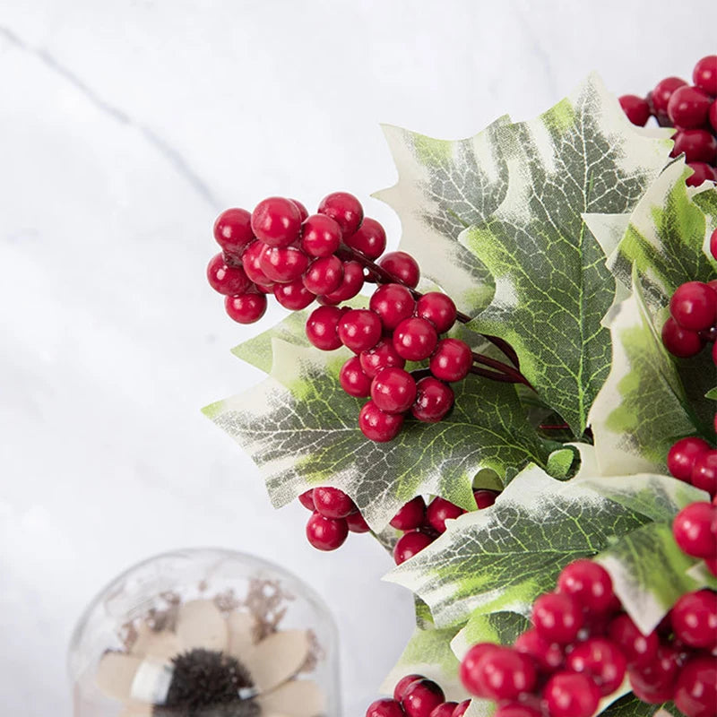 Artificial Red Berry Branch With Leave Faux Holly Berries Flower Bouquet Christmas Tree Ornaments Wedding Party Home Decor