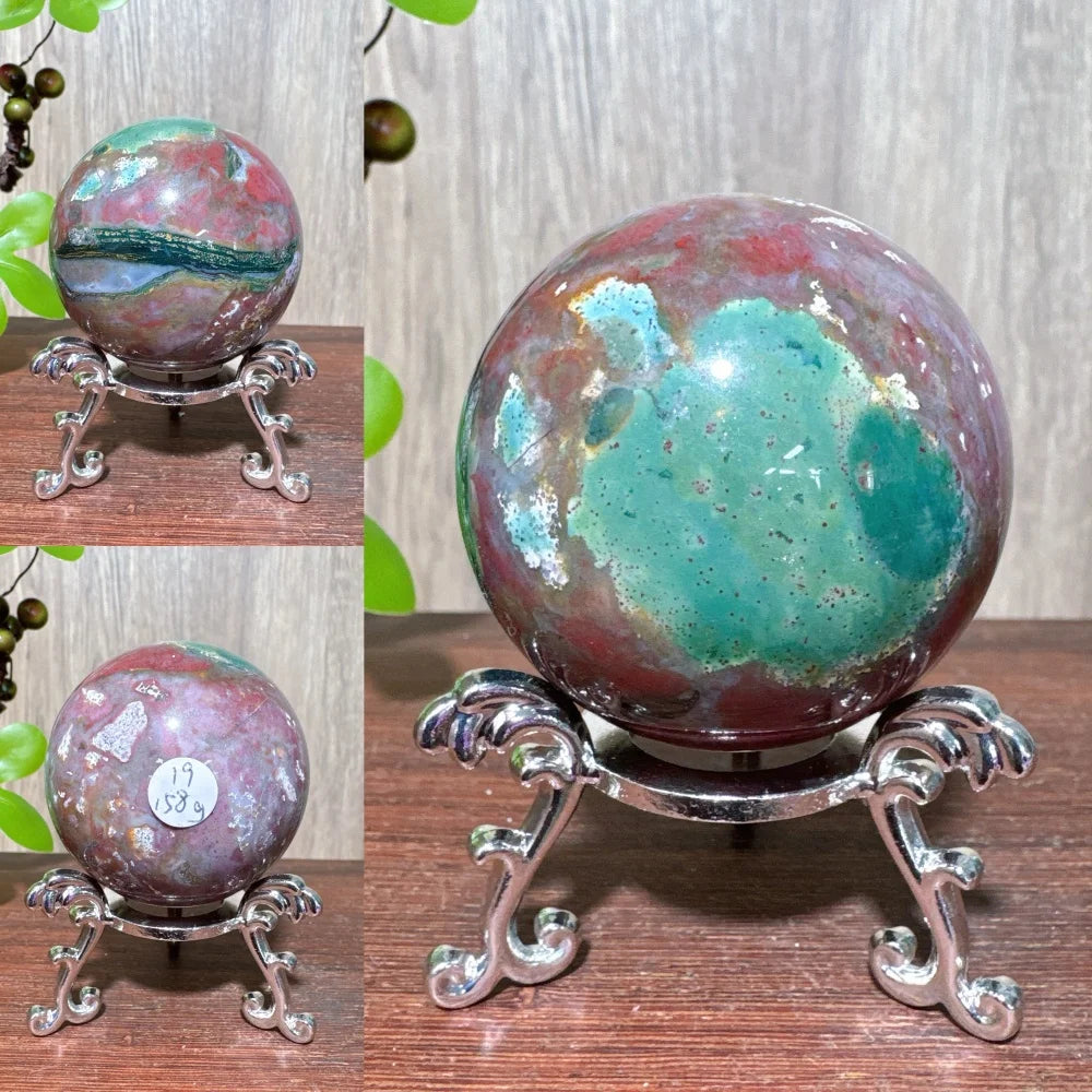 1PCS Natural Colourful Ocean Jasper Sphere WIth Druzy And Crack Raw Geode Healing Crystals Reiki Energy Home Decor +Stand