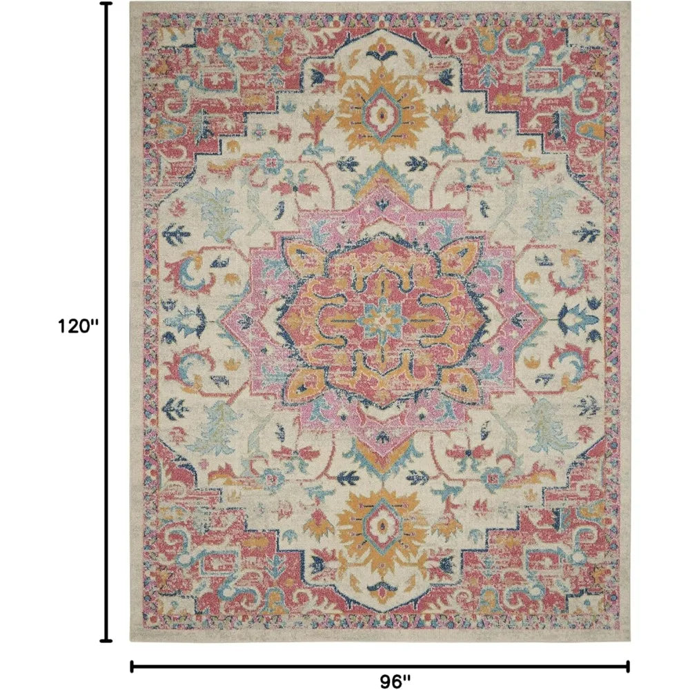 Bohemian Style Ivory and Pink Area Rug, 8' x 10', Easy Maintenance, Non-Shedding, Suitable for Bedroom, Living Room, Dining Room