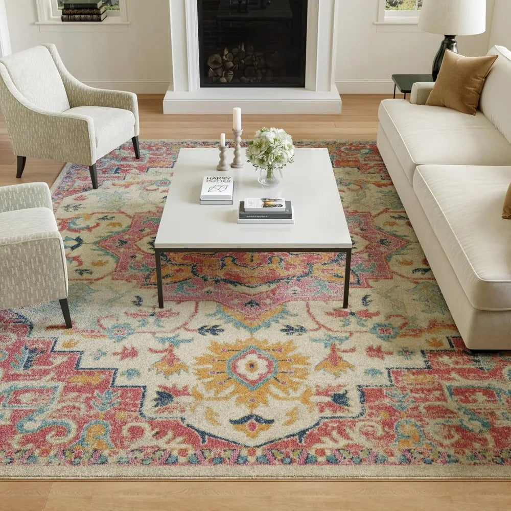 Bohemian Style Ivory and Pink Area Rug, 8' x 10', Easy Maintenance, Non-Shedding, Suitable for Bedroom, Living Room, Dining Room
