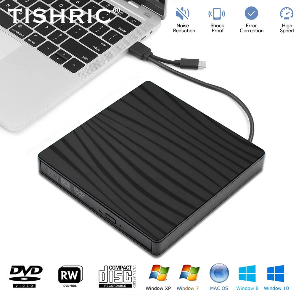 TISHRIC External DVD Drive Type C/USB 3.0 Player DVD/CD-ROM Reader Writer Burner For Macbook Laptop Dvd portatil Burner