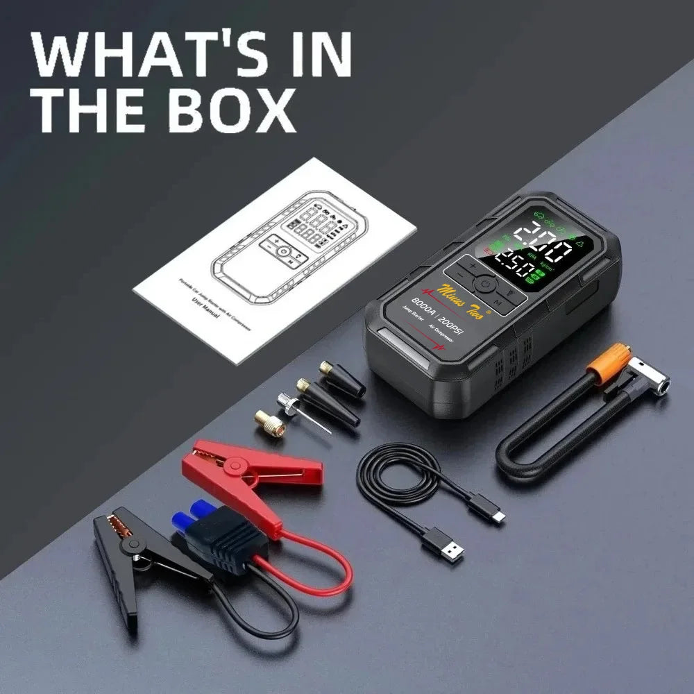 Minus Two Car Jump Starter Air Compressor with Power Bank Portable Electric Pump Battery Booster 12V Jump Box with Flashlight