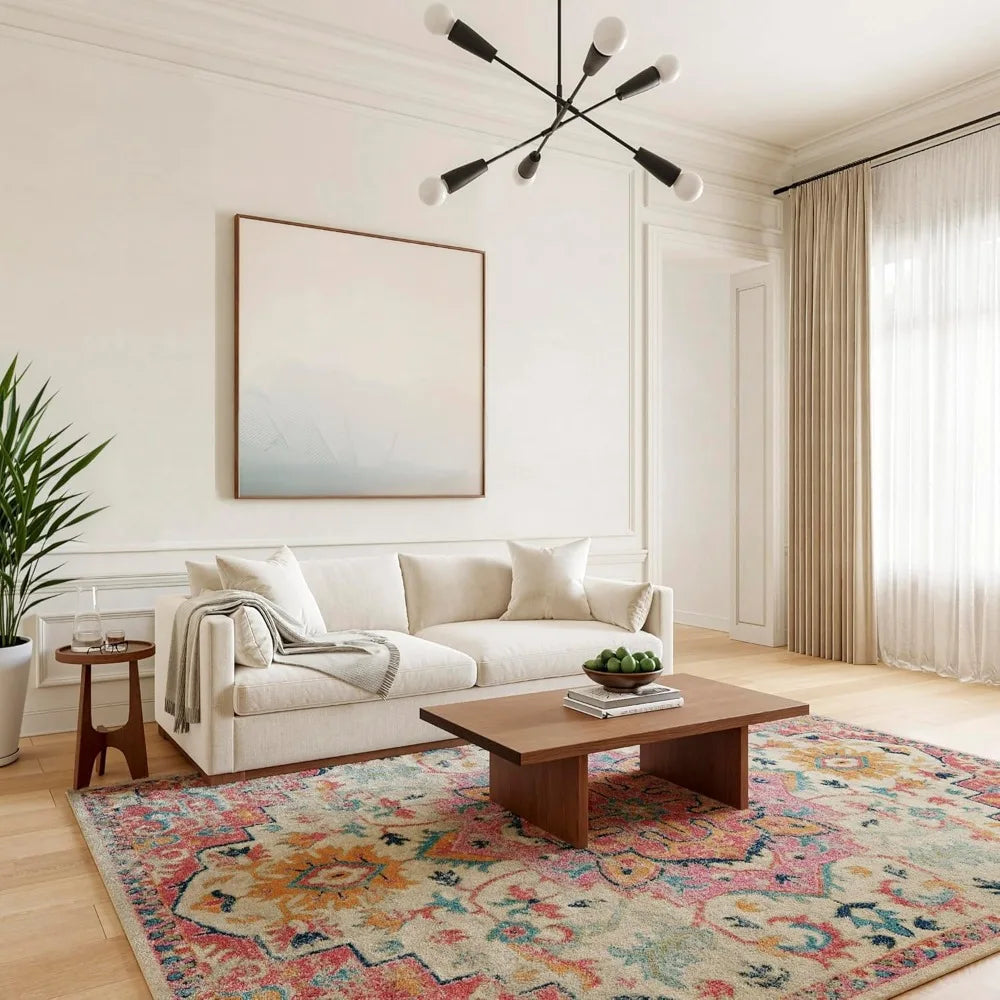 Bohemian Style Ivory and Pink Area Rug, 8' x 10', Easy Maintenance, Non-Shedding, Suitable for Bedroom, Living Room, Dining Room