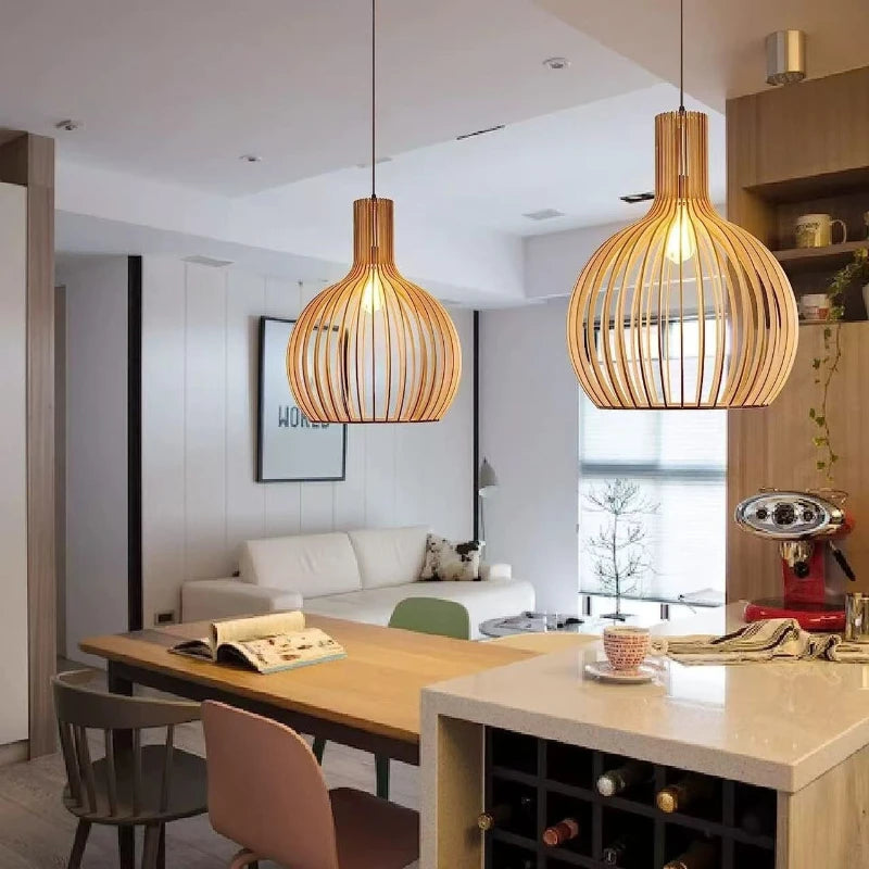 Restaurant Birdcage Handmade Wabi-sabi LED Pendant Light Black White Blue Walnut Color Chandelier Home Decor Lamps Hollow Design